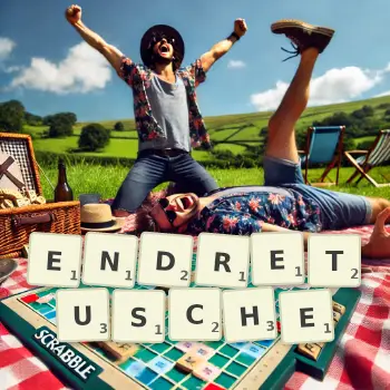 Kreative Illustration für ein Scrabble-Spiel, bei dem das Wort ENDRETUSCHE mit Steinen auf dem Brett gelegt wurde.