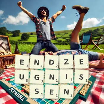 Kreative Illustration für ein Scrabble-Spiel, bei dem das Wort ENDZEUGNISSEN mit Steinen auf dem Brett gelegt wurde.