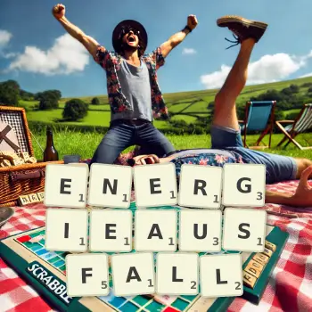 Kreative Illustration für ein Scrabble-Spiel, bei dem das Wort ENERGIEAUSFALL mit Steinen auf dem Brett gelegt wurde.