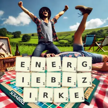 Kreative Illustration für ein Scrabble-Spiel, bei dem das Wort ENERGIEBEZIRKE mit Steinen auf dem Brett gelegt wurde.