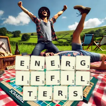 Kreative Illustration für ein Scrabble-Spiel, bei dem das Wort ENERGIEFILTERS mit Steinen auf dem Brett gelegt wurde.