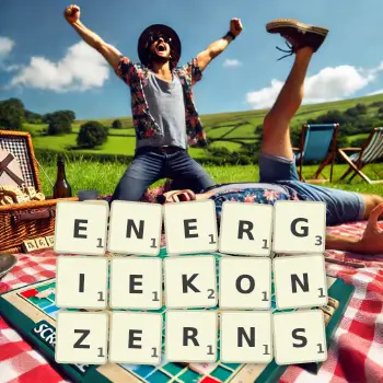 Kreative Illustration für ein Scrabble-Spiel, bei dem das Wort ENERGIEKONZERNS mit Steinen auf dem Brett gelegt wurde.