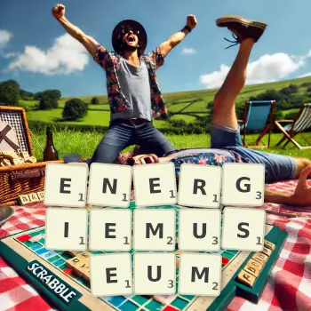 Kreative Illustration für ein Scrabble-Spiel, bei dem das Wort ENERGIEMUSEUM mit Steinen auf dem Brett gelegt wurde.