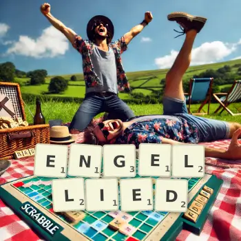 Kreative Illustration für ein Scrabble-Spiel, bei dem das Wort ENGELLIED mit Steinen auf dem Brett gelegt wurde.