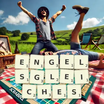 Kreative Illustration für ein Scrabble-Spiel, bei dem das Wort ENGELSGLEICHES mit Steinen auf dem Brett gelegt wurde.