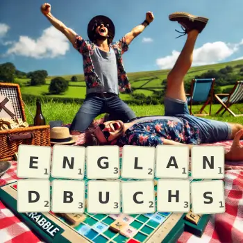 Kreative Illustration für ein Scrabble-Spiel, bei dem das Wort ENGLANDBUCHS mit Steinen auf dem Brett gelegt wurde.