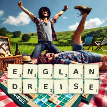 Kreative Illustration für ein Scrabble-Spiel, bei dem das Wort ENGLANDREISE mit Steinen auf dem Brett gelegt wurde.