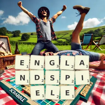 Kreative Illustration für ein Scrabble-Spiel, bei dem das Wort ENGLANDSPIELE mit Steinen auf dem Brett gelegt wurde.
