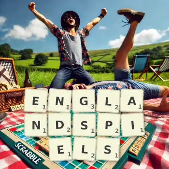 Kreative Illustration für ein Scrabble-Spiel, bei dem das Wort ENGLANDSPIELS mit Steinen auf dem Brett gelegt wurde.