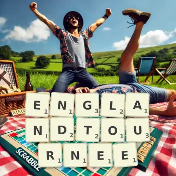 Kreative Illustration für ein Scrabble-Spiel, bei dem das Wort ENGLANDTOURNEE mit Steinen auf dem Brett gelegt wurde.