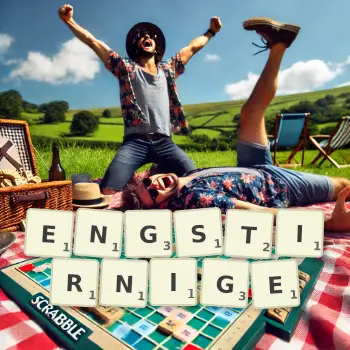 Kreative Illustration für ein Scrabble-Spiel, bei dem das Wort ENGSTIRNIGE mit Steinen auf dem Brett gelegt wurde.