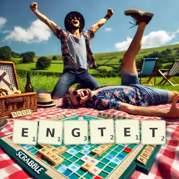 Kreative Illustration für ein Scrabble-Spiel, bei dem das Wort ENGTET mit Steinen auf dem Brett gelegt wurde.
