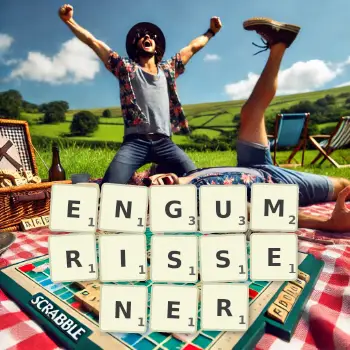 Kreative Illustration für ein Scrabble-Spiel, bei dem das Wort ENGUMRISSENER mit Steinen auf dem Brett gelegt wurde.