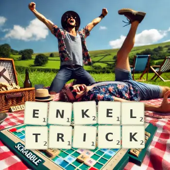 Kreative Illustration für ein Scrabble-Spiel, bei dem das Wort ENKELTRICK mit Steinen auf dem Brett gelegt wurde.