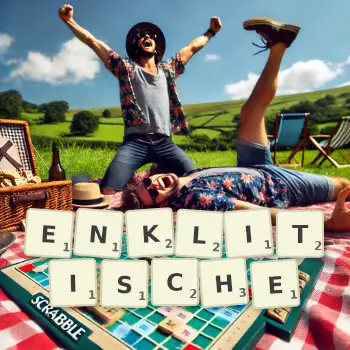 Kreative Illustration für ein Scrabble-Spiel, bei dem das Wort ENKLITISCHE mit Steinen auf dem Brett gelegt wurde.