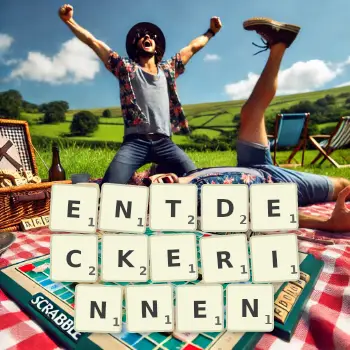 Kreative Illustration für ein Scrabble-Spiel, bei dem das Wort ENTDECKERINNEN mit Steinen auf dem Brett gelegt wurde.