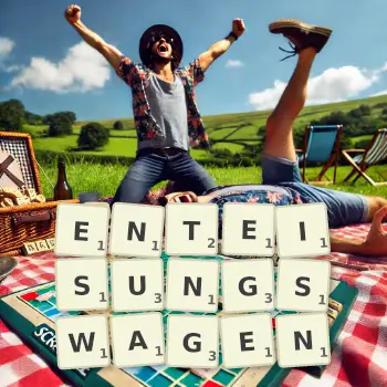 Kreative Illustration für ein Scrabble-Spiel, bei dem das Wort ENTEISUNGSWAGEN mit Steinen auf dem Brett gelegt wurde.