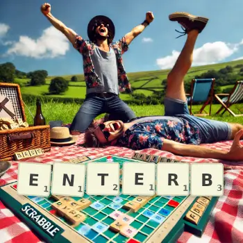 Kreative Illustration für ein Scrabble-Spiel, bei dem das Wort ENTERB mit Steinen auf dem Brett gelegt wurde.