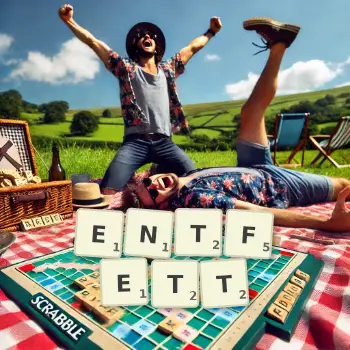 Kreative Illustration für ein Scrabble-Spiel, bei dem das Wort ENTFETT mit Steinen auf dem Brett gelegt wurde.