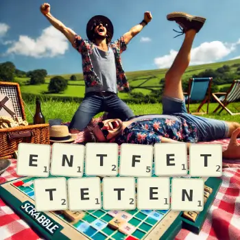 Kreative Illustration für ein Scrabble-Spiel, bei dem das Wort ENTFETTETEN mit Steinen auf dem Brett gelegt wurde.