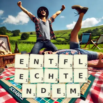 Kreative Illustration für ein Scrabble-Spiel, bei dem das Wort ENTFLECHTENDEM mit Steinen auf dem Brett gelegt wurde.