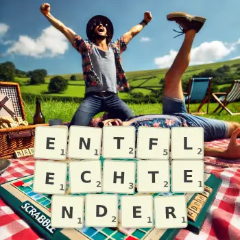 Kreative Illustration für ein Scrabble-Spiel, bei dem das Wort ENTFLECHTENDER mit Steinen auf dem Brett gelegt wurde.