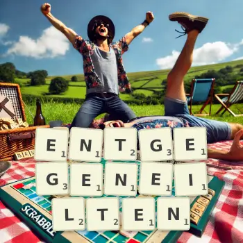 Kreative Illustration für ein Scrabble-Spiel, bei dem das Wort ENTGEGENEILTEN mit Steinen auf dem Brett gelegt wurde.