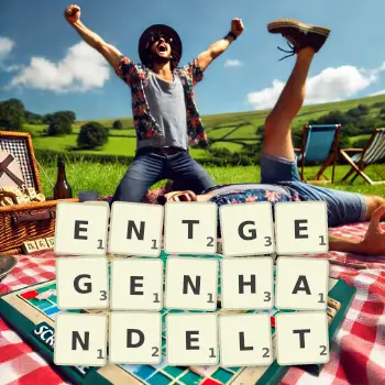 Kreative Illustration für ein Scrabble-Spiel, bei dem das Wort ENTGEGENHANDELT mit Steinen auf dem Brett gelegt wurde.