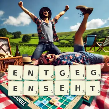 Kreative Illustration für ein Scrabble-Spiel, bei dem das Wort ENTGEGENSEHT mit Steinen auf dem Brett gelegt wurde.