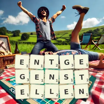 Kreative Illustration für ein Scrabble-Spiel, bei dem das Wort ENTGEGENSTELLEN mit Steinen auf dem Brett gelegt wurde.
