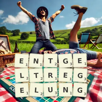 Kreative Illustration für ein Scrabble-Spiel, bei dem das Wort ENTGELTREGELUNG mit Steinen auf dem Brett gelegt wurde.