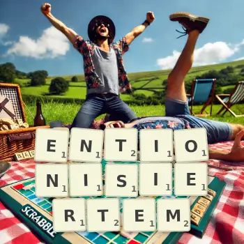 Kreative Illustration für ein Scrabble-Spiel, bei dem das Wort ENTIONISIERTEM mit Steinen auf dem Brett gelegt wurde.