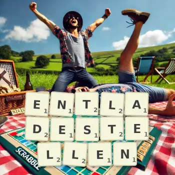 Kreative Illustration für ein Scrabble-Spiel, bei dem das Wort ENTLADESTELLEN mit Steinen auf dem Brett gelegt wurde.