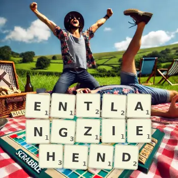 Kreative Illustration für ein Scrabble-Spiel, bei dem das Wort ENTLANGZIEHEND mit Steinen auf dem Brett gelegt wurde.