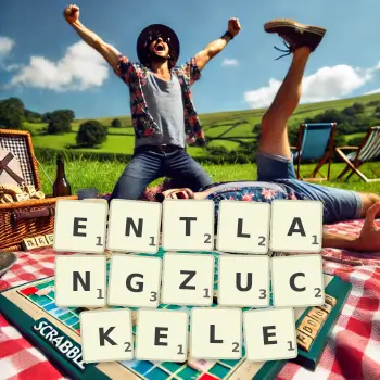 Kreative Illustration für ein Scrabble-Spiel, bei dem das Wort ENTLANGZUCKELE mit Steinen auf dem Brett gelegt wurde.