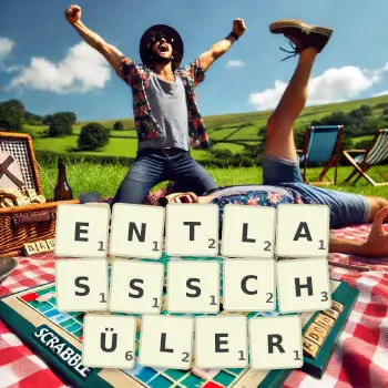 Kreative Illustration für ein Scrabble-Spiel, bei dem das Wort ENTLASSSCHÜLER mit Steinen auf dem Brett gelegt wurde.