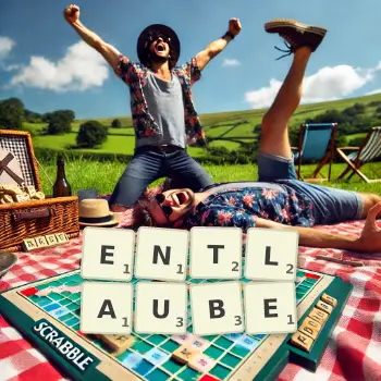 Kreative Illustration für ein Scrabble-Spiel, bei dem das Wort ENTLAUBE mit Steinen auf dem Brett gelegt wurde.