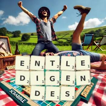 Kreative Illustration für ein Scrabble-Spiel, bei dem das Wort ENTLEDIGENDES mit Steinen auf dem Brett gelegt wurde.