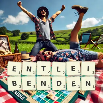 Kreative Illustration für ein Scrabble-Spiel, bei dem das Wort ENTLEIBENDEN mit Steinen auf dem Brett gelegt wurde.