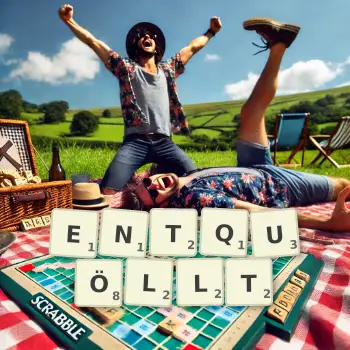 Kreative Illustration für ein Scrabble-Spiel, bei dem das Wort ENTQUÖLLT mit Steinen auf dem Brett gelegt wurde.
