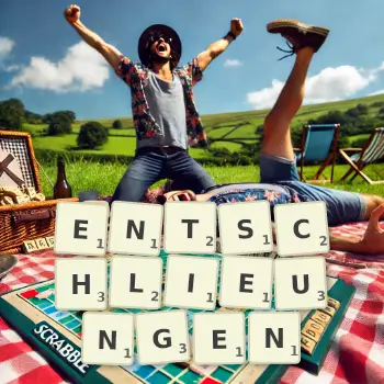 Kreative Illustration für ein Scrabble-Spiel, bei dem das Wort ENTSCHLIEUNGEN mit Steinen auf dem Brett gelegt wurde.