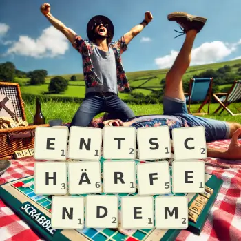 Kreative Illustration für ein Scrabble-Spiel, bei dem das Wort ENTSCHÄRFENDEM mit Steinen auf dem Brett gelegt wurde.