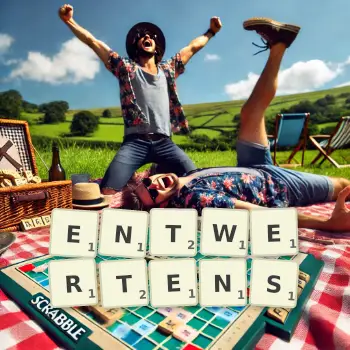 Kreative Illustration für ein Scrabble-Spiel, bei dem das Wort ENTWERTENS mit Steinen auf dem Brett gelegt wurde.