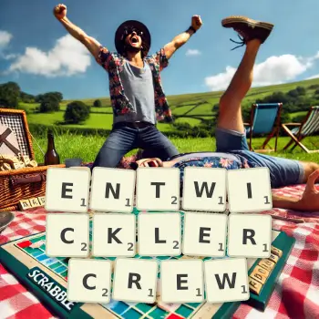 Kreative Illustration für ein Scrabble-Spiel, bei dem das Wort ENTWICKLERCREW mit Steinen auf dem Brett gelegt wurde.
