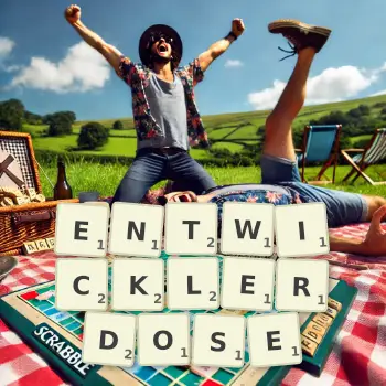 Kreative Illustration für ein Scrabble-Spiel, bei dem das Wort ENTWICKLERDOSE mit Steinen auf dem Brett gelegt wurde.