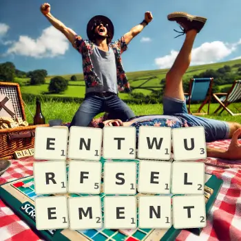 Kreative Illustration für ein Scrabble-Spiel, bei dem das Wort ENTWURFSELEMENT mit Steinen auf dem Brett gelegt wurde.
