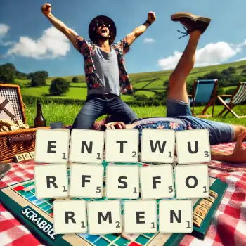 Kreative Illustration für ein Scrabble-Spiel, bei dem das Wort ENTWURFSFORMEN mit Steinen auf dem Brett gelegt wurde.