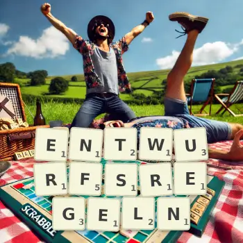 Kreative Illustration für ein Scrabble-Spiel, bei dem das Wort ENTWURFSREGELN mit Steinen auf dem Brett gelegt wurde.
