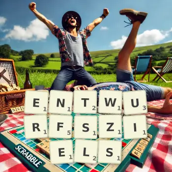 Kreative Illustration für ein Scrabble-Spiel, bei dem das Wort ENTWURFSZIELS mit Steinen auf dem Brett gelegt wurde.