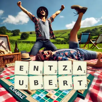 Kreative Illustration für ein Scrabble-Spiel, bei dem das Wort ENTZAUBERT mit Steinen auf dem Brett gelegt wurde.
